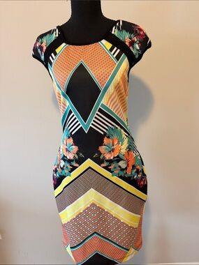 Bisou Bisou Black Multicolor Geometric Floral Midi Dress